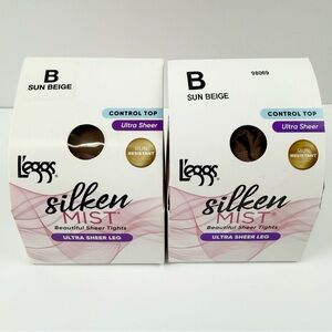Leggs Silken Mist Pantyhose Tights 2 Pairs Sun Beige Size B Control Top NWT